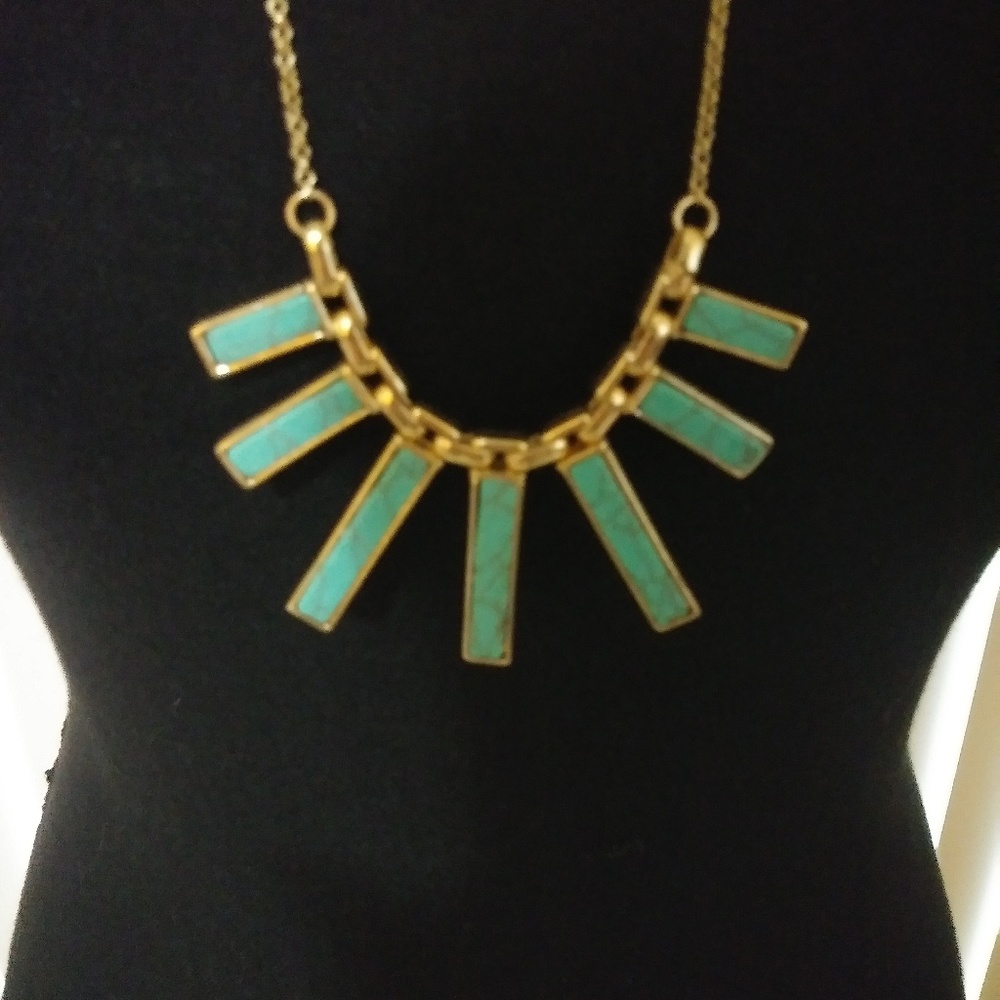 Turquoise & Gold Necklace, Long Pendant, Geometric